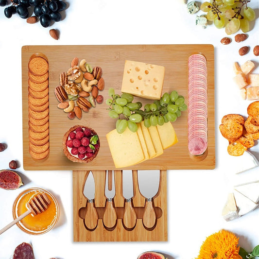 Bamboo Cheese Cutting Board with 4pcs Cheese Knife Set Kitchen Wooden