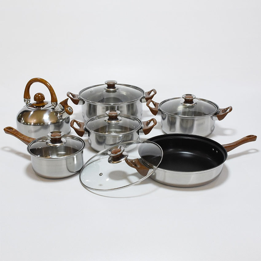 12pcs Stainless Steel Kitchen Cooking Set with Wooden Handle Kettle and Pots