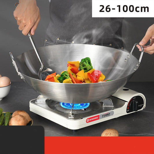 30cm High-Grade Stainless Steel Frying Pan Cauldron Wok with Double Ear Handle