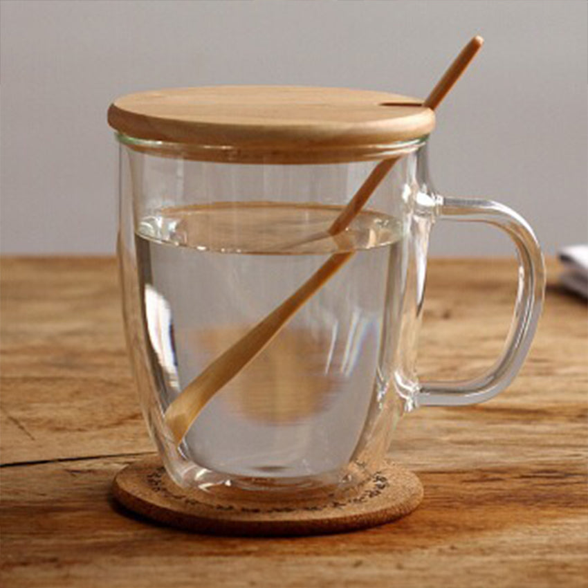 Double Walled Glass with bamboo spoon and lid 375ml